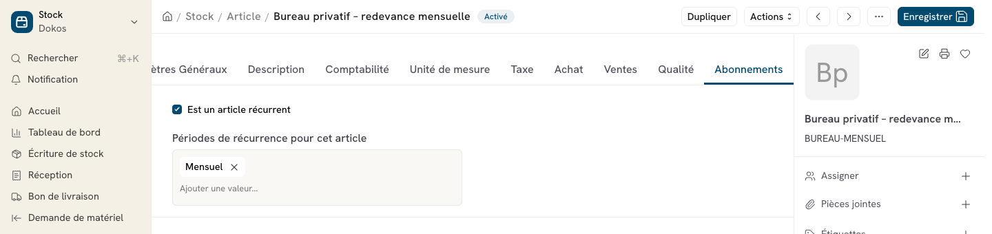 Cette image permet de visualiser l'onglet Abonnements d'un article récurrent.