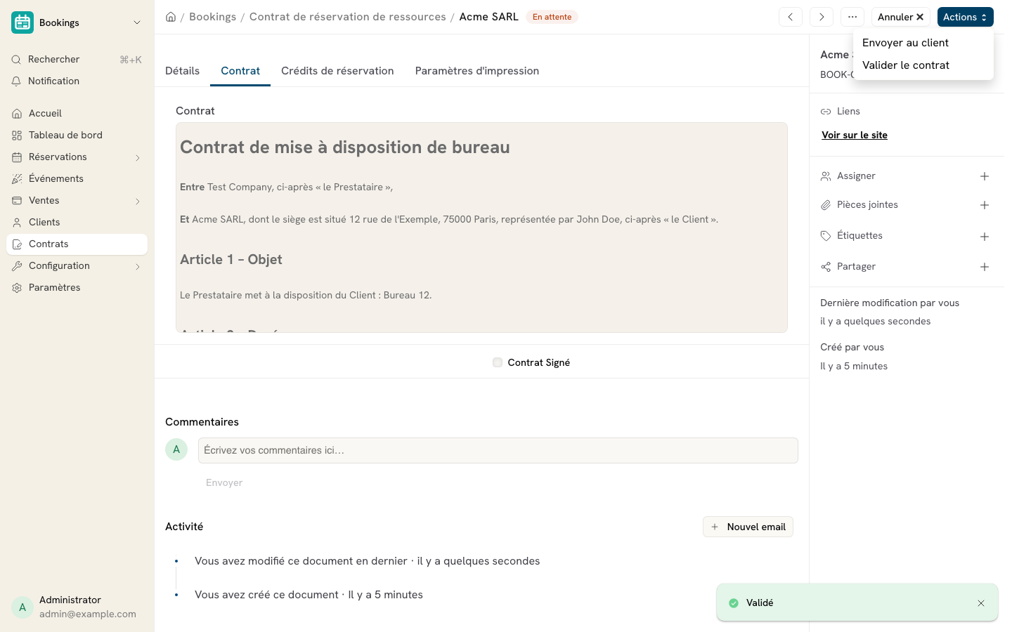 Cette image permet de visualiser le menu Actions d'un contrat validé.