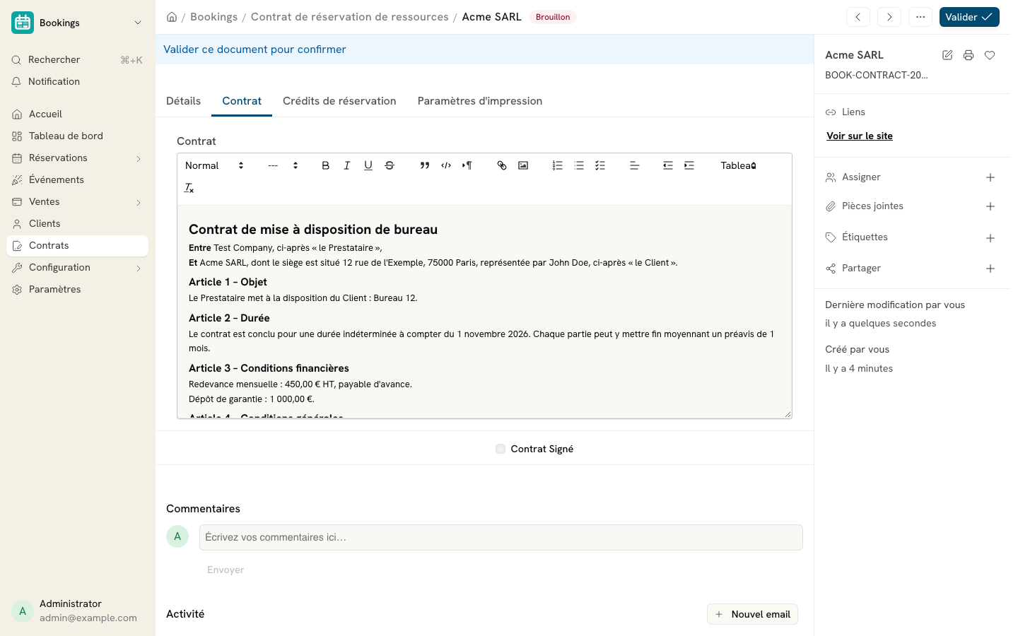 Cette image permet de visualiser le texte généré dans l'onglet Contrat.