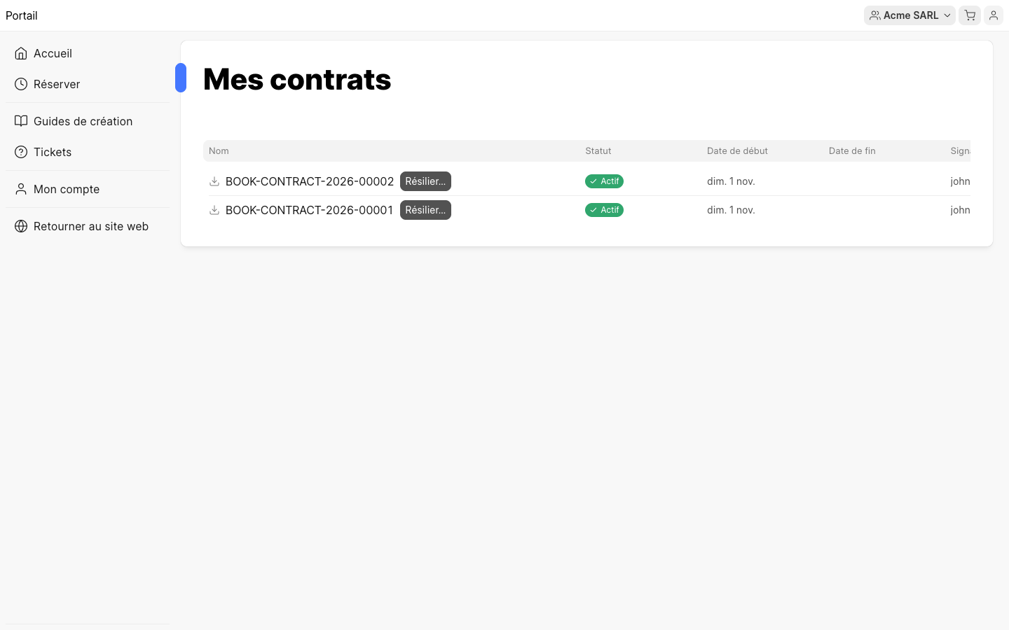 Cette image permet de visualiser la liste des contrats sur l'espace client.