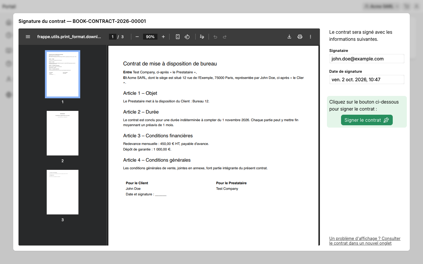 Cette image permet de visualiser la page de signature du contrat sur l'espace client.