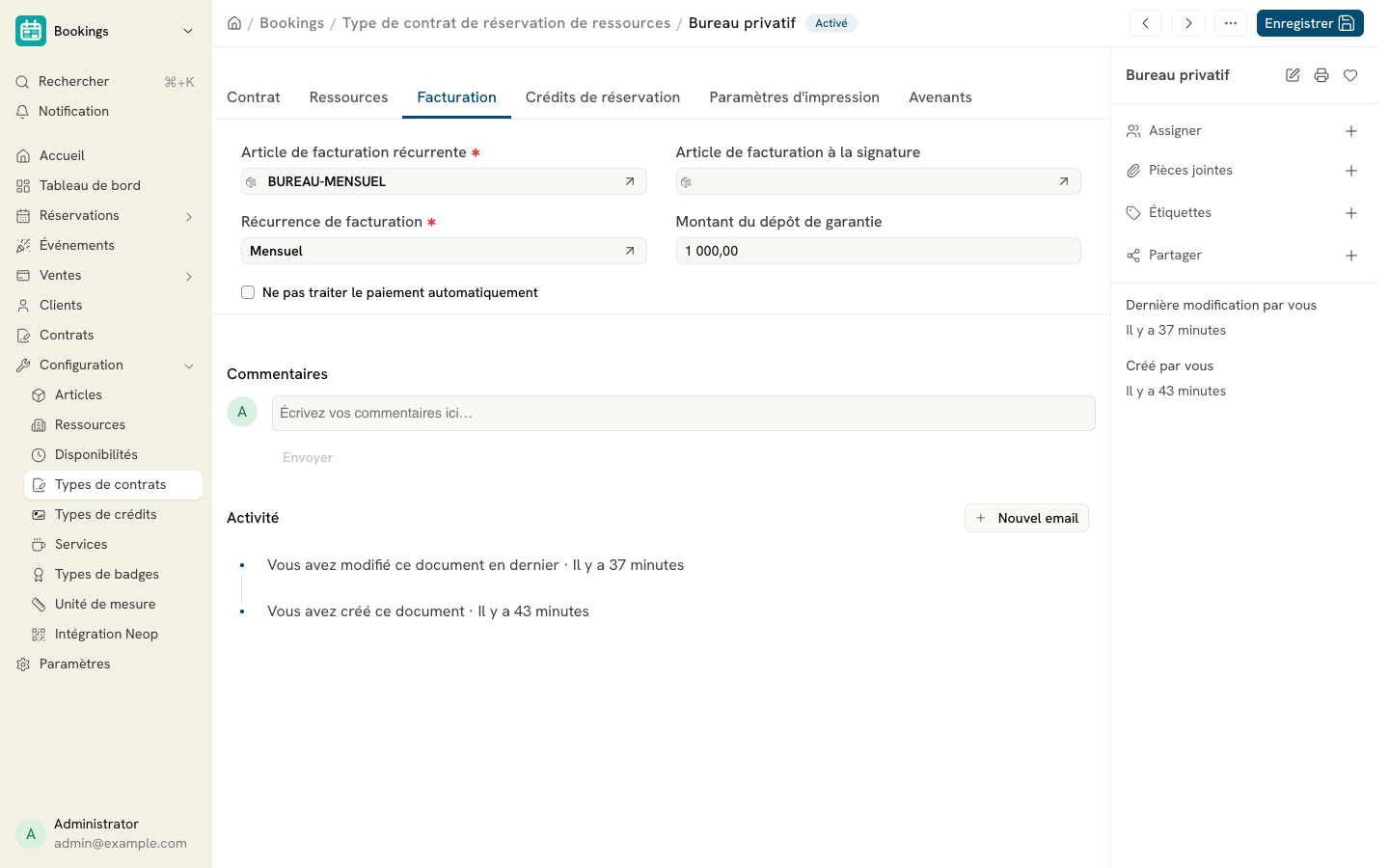 Cette image permet de visualiser l'onglet Facturation du type de contrat.