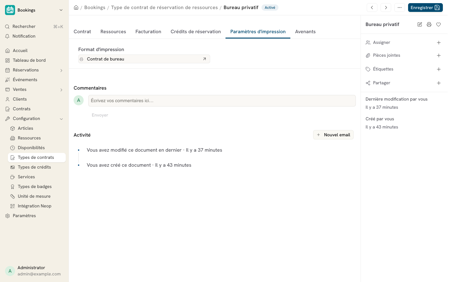 Cette image permet de visualiser l'onglet Paramètres d'impression du type de contrat.