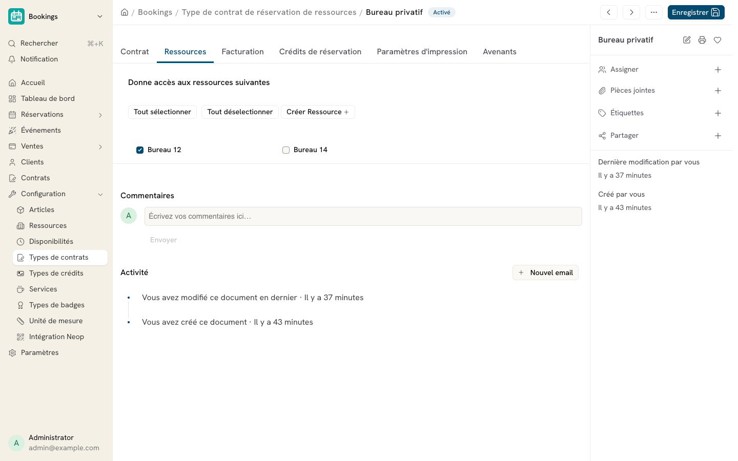 Cette image permet de visualiser l'onglet Ressources du type de contrat.