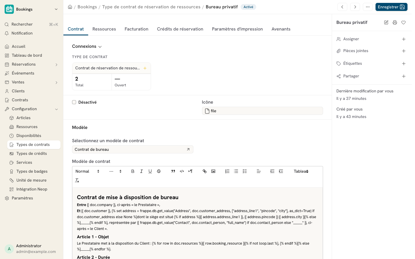 Cette image permet de visualiser l'onglet Contrat du type de contrat.