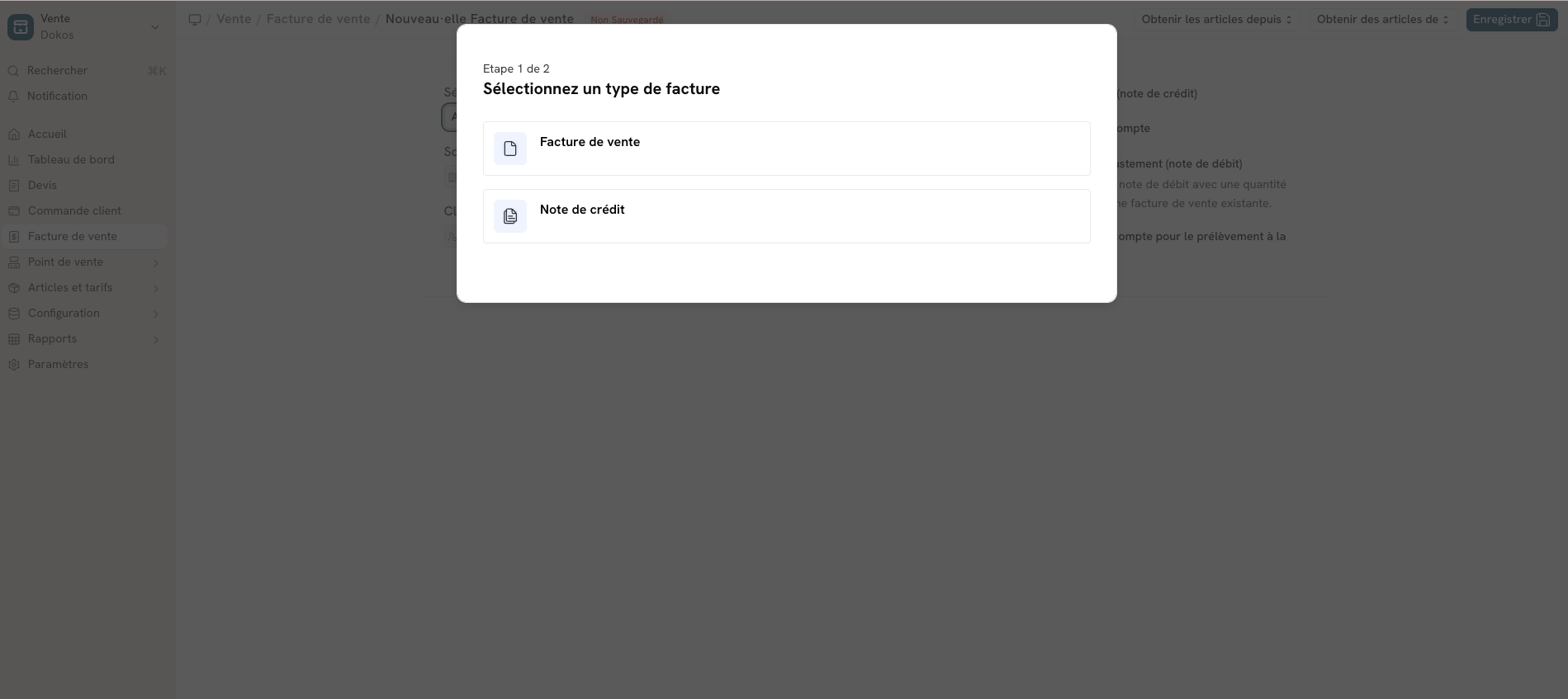 Fenêtre de création guidée de facture de vente Dokos V5