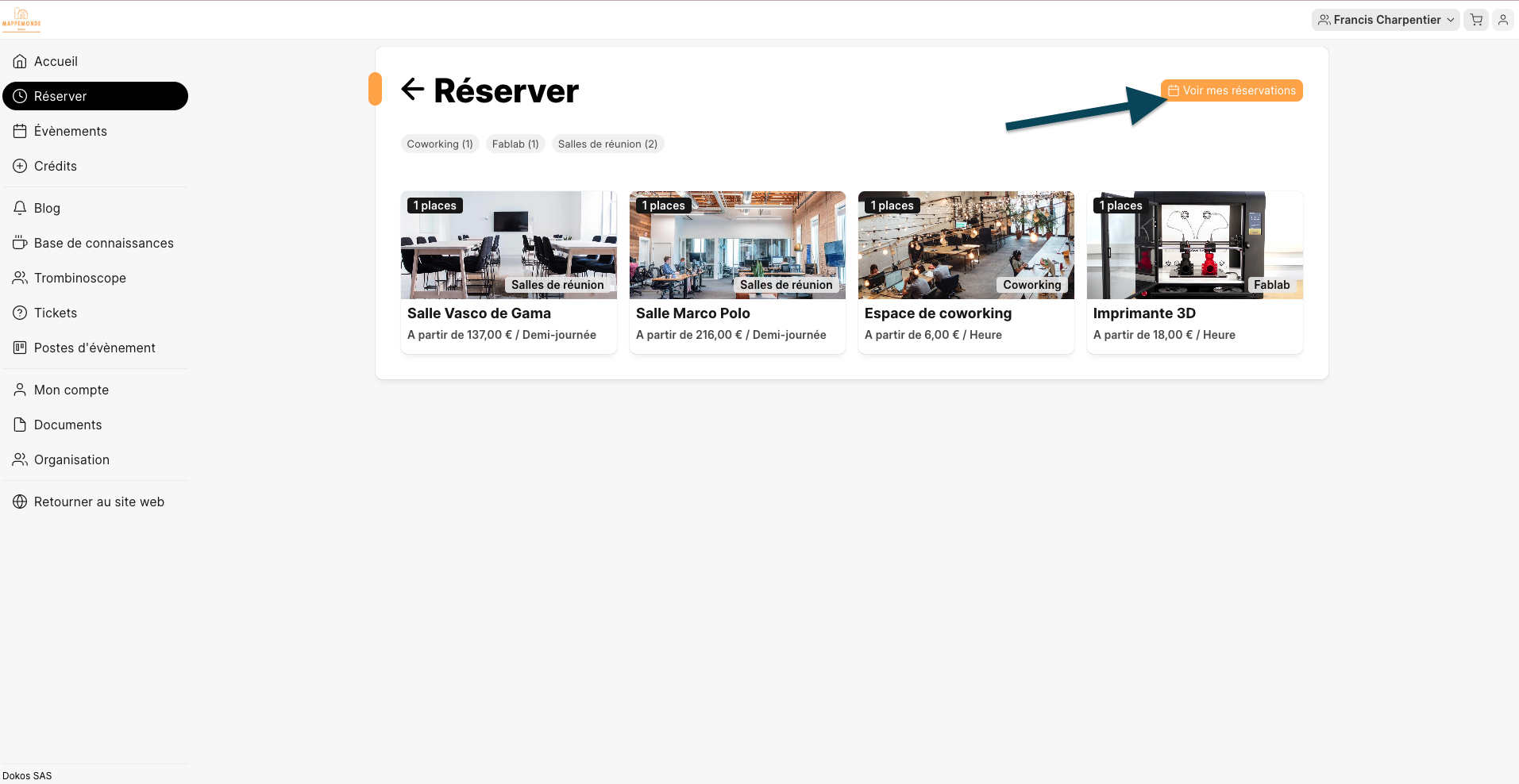 Page Mes réservations du portail membre Dokos V5