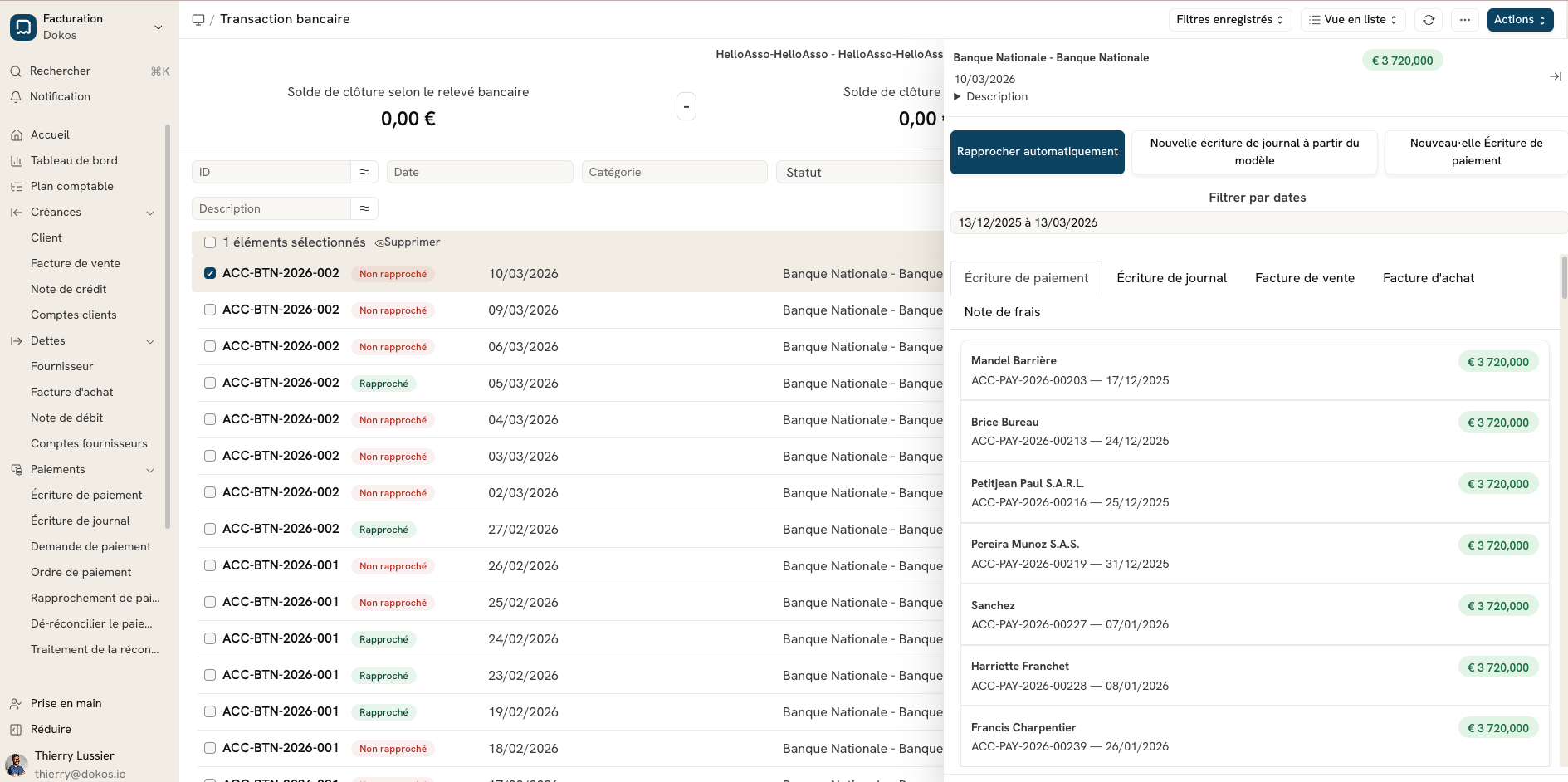 Tableau de bord de réconciliation bancaire Dokos V5