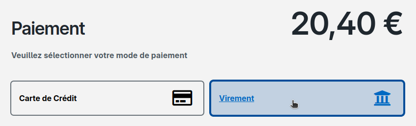 Paiement 20,40 €. Veuillez sélectionner le mode de paiement : Carte de crédit, Virement.