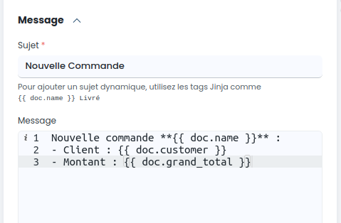 Le champ "Sujet" contient la valeur "Nouvelle Commande", et le champ "Message" contient la valeur "Nouvelle commande "