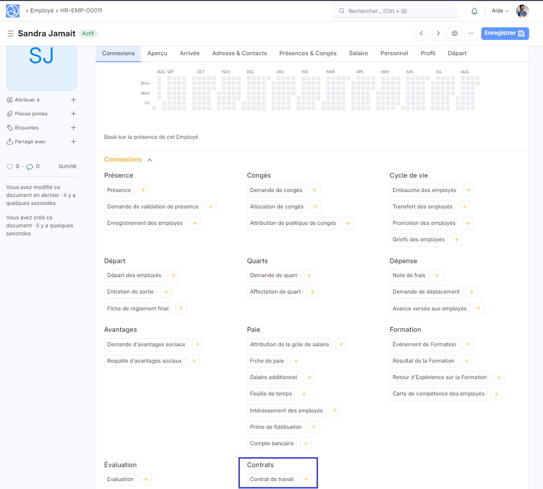 Cette image permet de visualiser la zone du type de contrat dans la fiche employé.