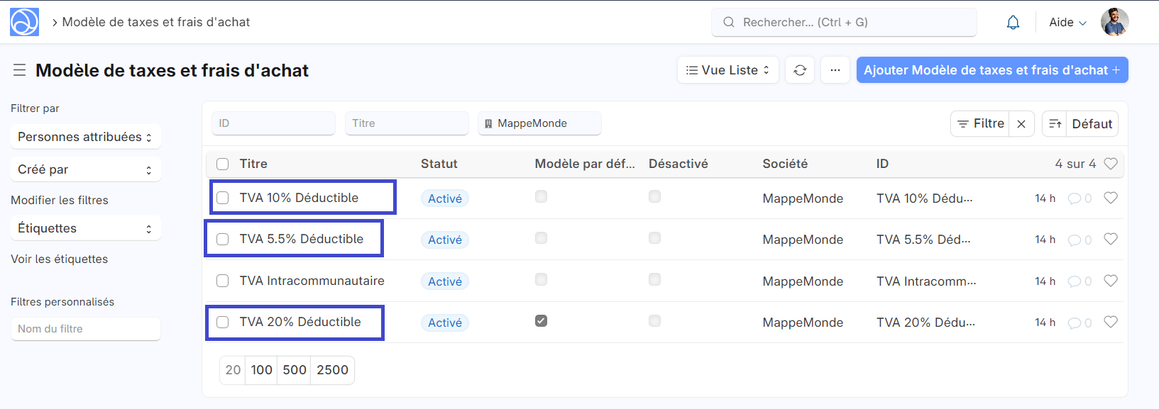 Image permettant de visualiser la liste des modèles de taxes par défaut.