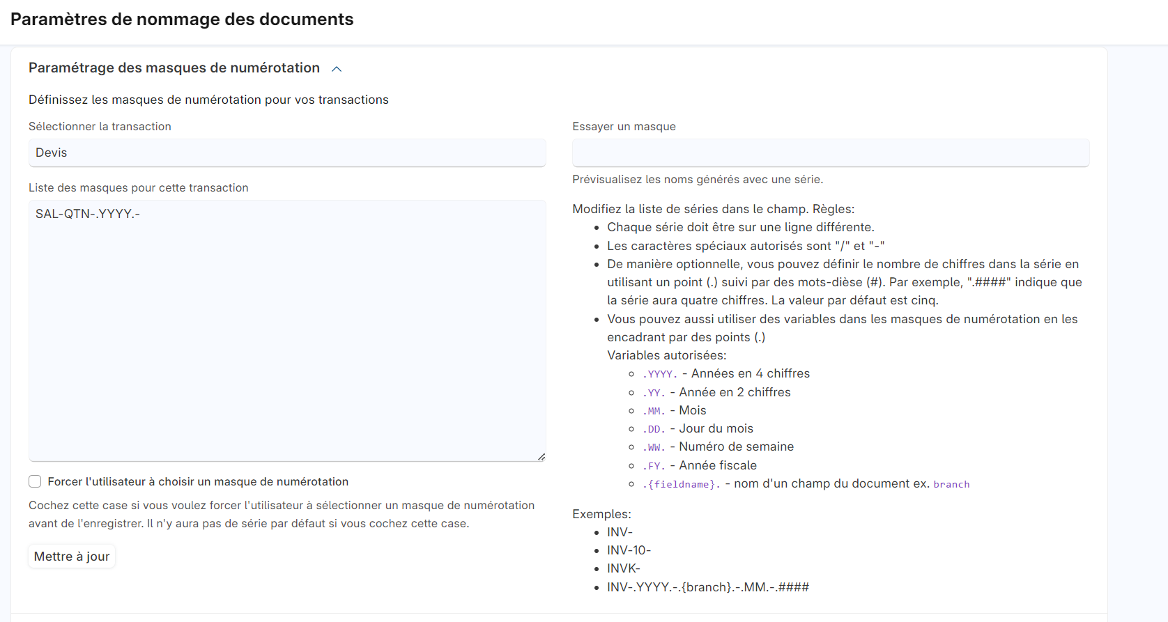 Image permettant de visualiser la zone de paramétrage pour modifier le nom du devis