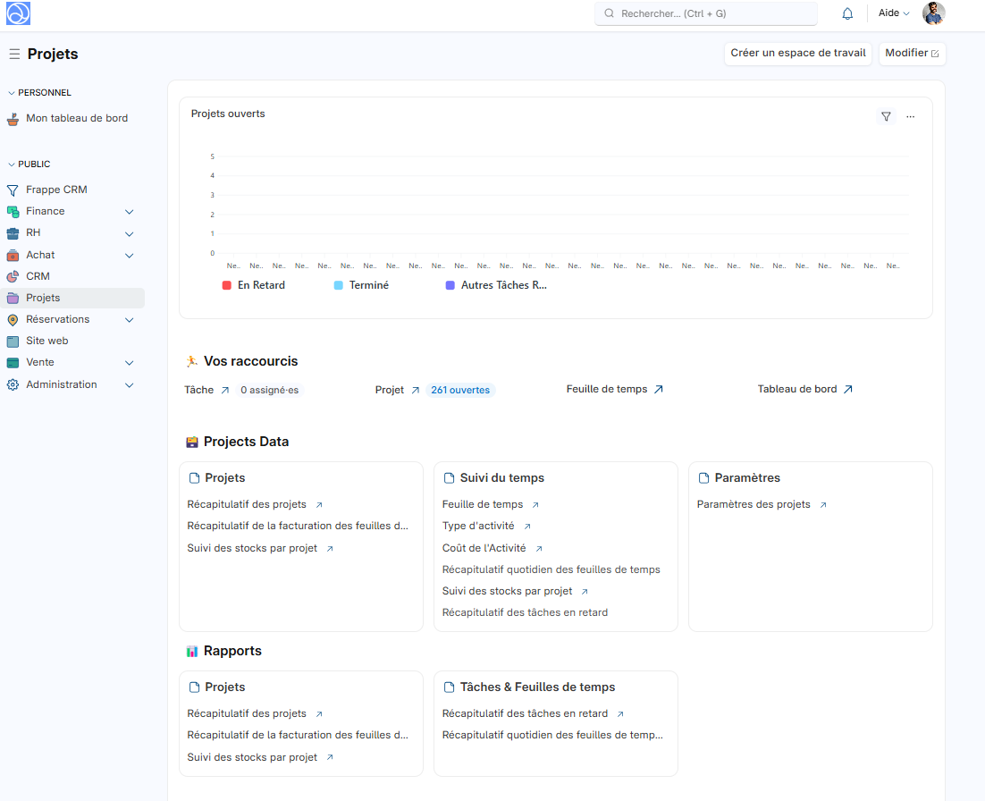 Cette image permet de visualiser la page d'accueil du module projet.