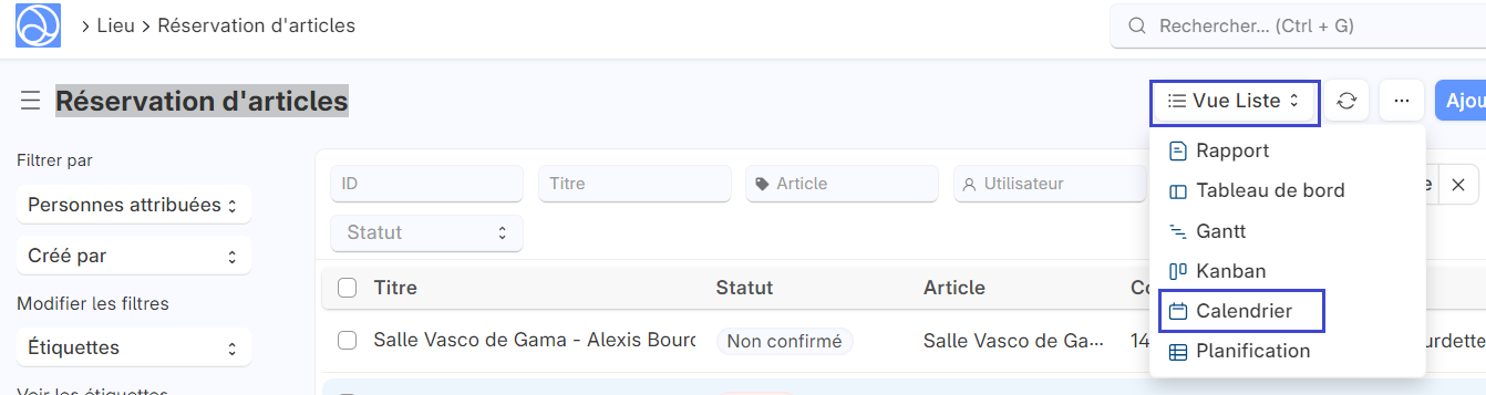Cette image permet d'apercevoir la possibilité d'une vue calendrier pour la réservation d'article.