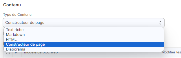 Cette image permet de visualiser le menu déroulant pour définir un format de création de contenu dans le formulaire nouvelle page web.