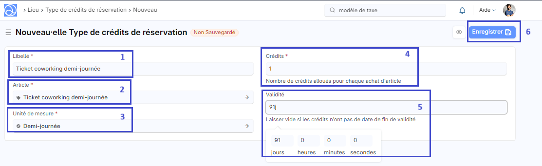 Cette image permet de visualiser le formulaire : Type de crédits de réservation.